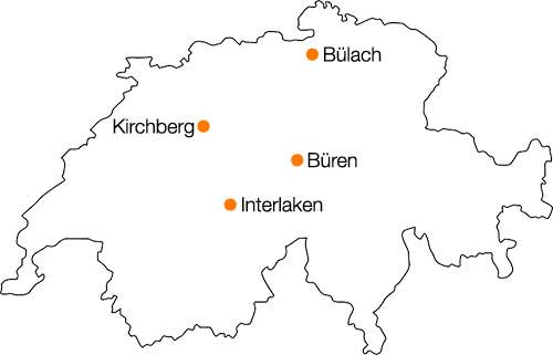 Karte der Schweiz mit den Pianologistik-Standorten Kirchberg BE, Interlaken, Bülach und Büren NW